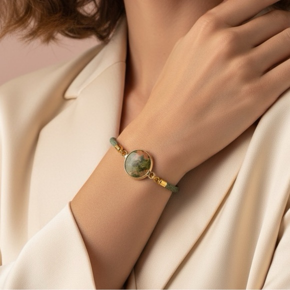 Forest Whisper: Unakite Gemstone Sliding Cord Gold Tone Adjustable Bracelet - Picture 2 of 3